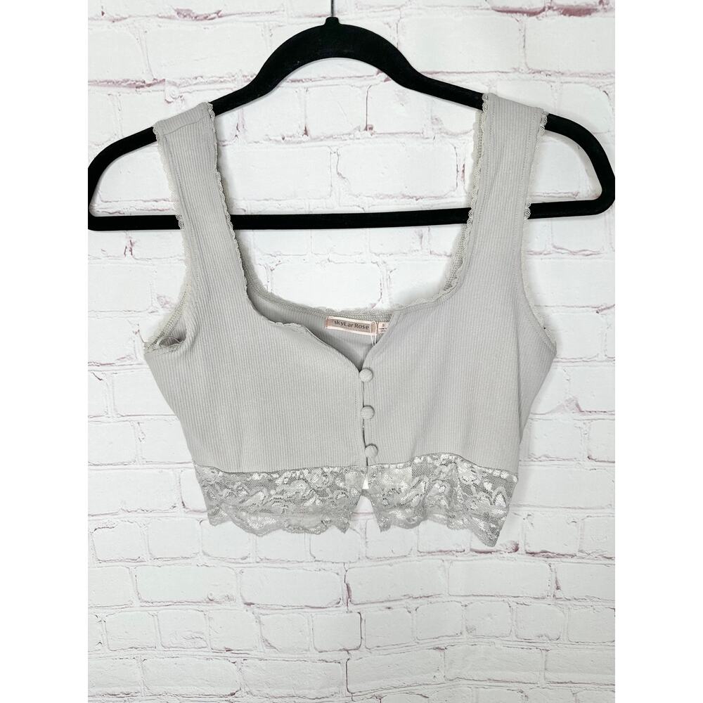 NEW ASOS Skylar Rose Grey Lace Crop Tank Womens Small Square Neck Ribbed